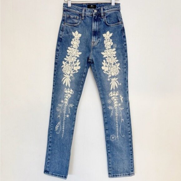 7 FOR ALL MANKIND EASY SLIM HIGH RISE JEANS WITH FLORAL EMBROIDERY 24 - Picture 1 of 12